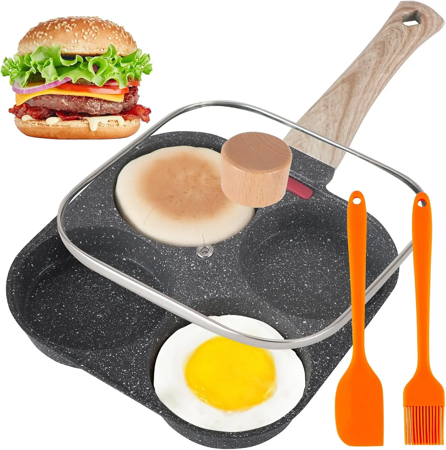

4 Cup Egg Pan Nonstick Omelette Skillet with Lid, Healthy Breakfast Pan for Eggs, Pancakes, Crepes, Compatible with Gas & Induction