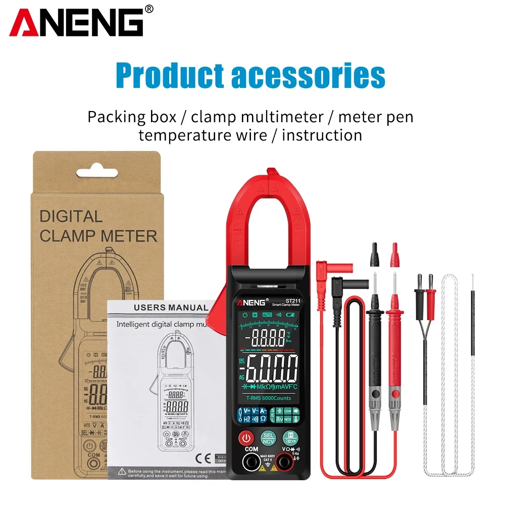 ANENG ST211 Digital Clamp Meter 6000 Counts Multimeter DC/AC  Voltage Current Tester Car Amp Hz Big Color Screen NCV Ohm Test