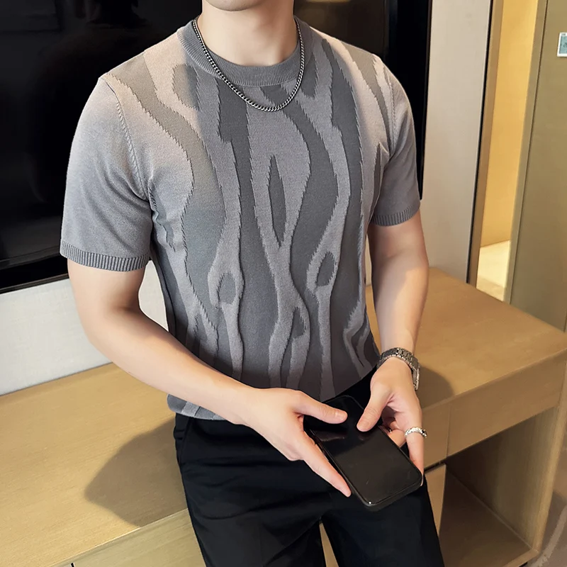 

Весенне-летняя вязаная жаккардовая мужская футболка с короткими рукавами, модная универсальная облегающая повседневная футболка, деловая социальная базовая рубашка