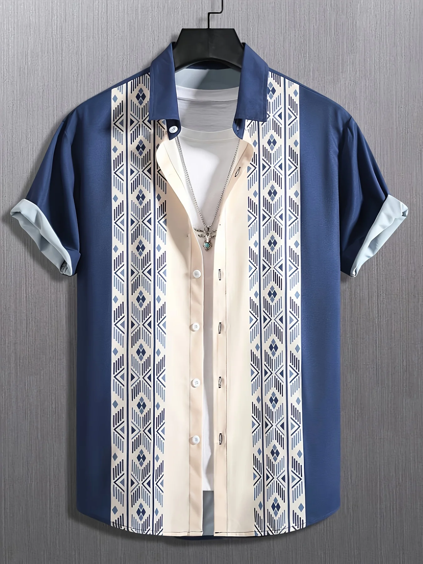 

Luxury men's geometric print shirt summer casual lapel short-sleeved shirt Hawaiian shirt holiday casual beach seaside T-shirt