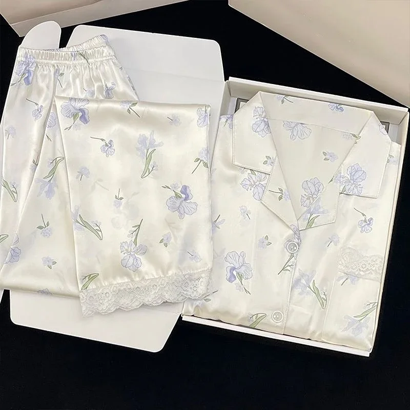 Light Blue Phalaenopsis Flower Print Women's Pajamas French Elegant Fresh Fashion Lounges 2025 New Simulated Silk Lady Sleepwear