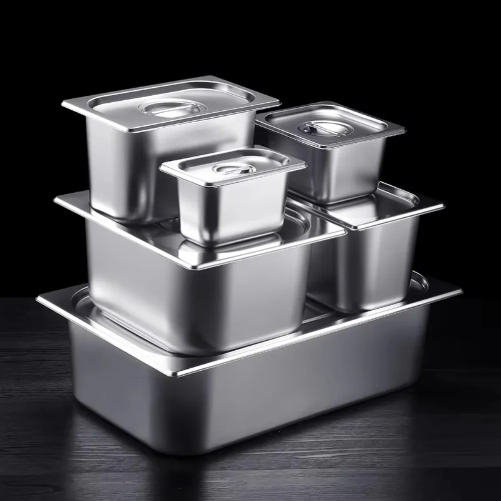 304 Stainless Steel 1/9 1/6 1/4 1/3 1/2 Food Pan Thickened Easy To Clean GN Pan with Lid Rectangular Tray Basin Chafing Buffet