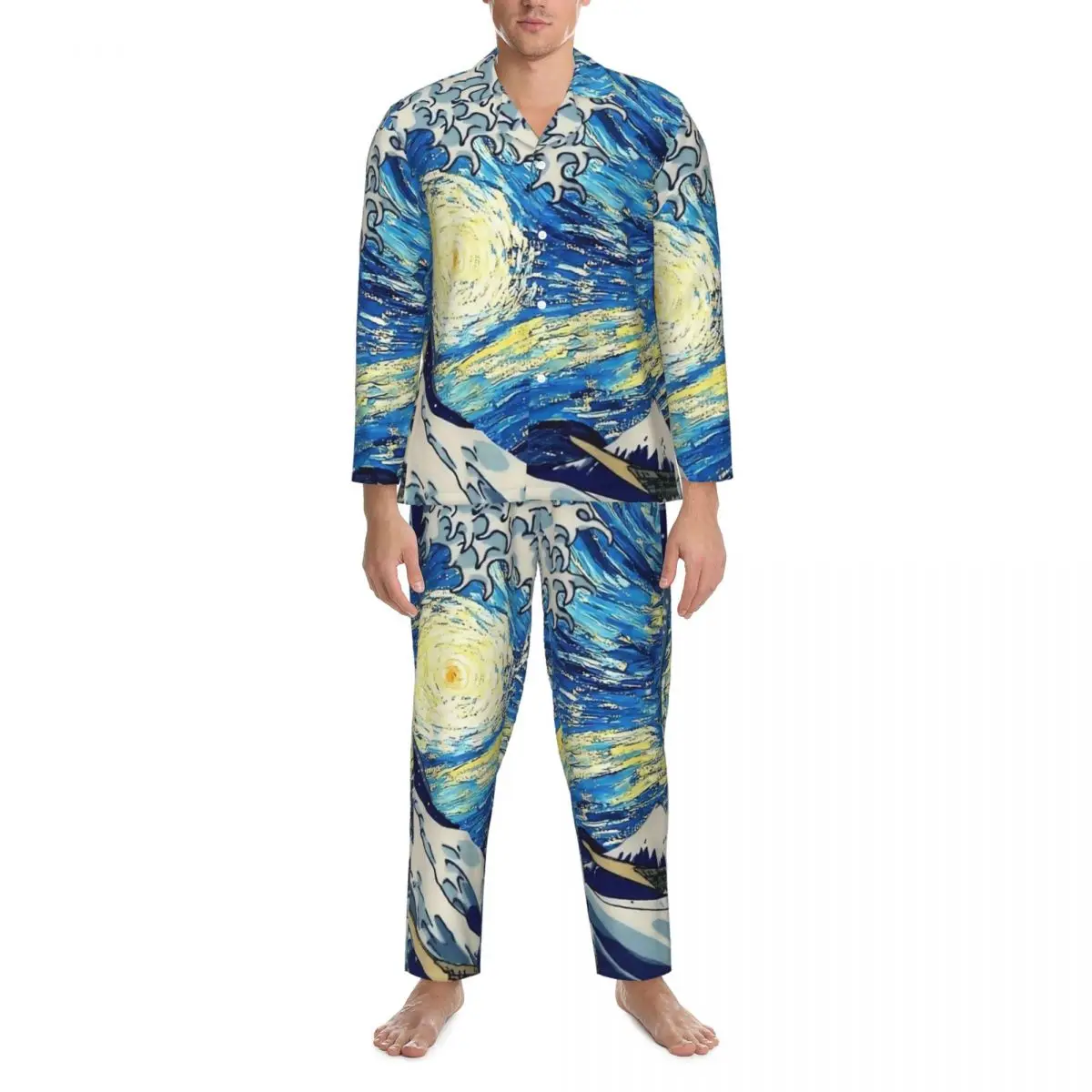 The Great Wave Pajamas Men kanagawa with starry night Trendy Home Nightwear Spring 2 Pieces Casual Oversized Printed Home Suit