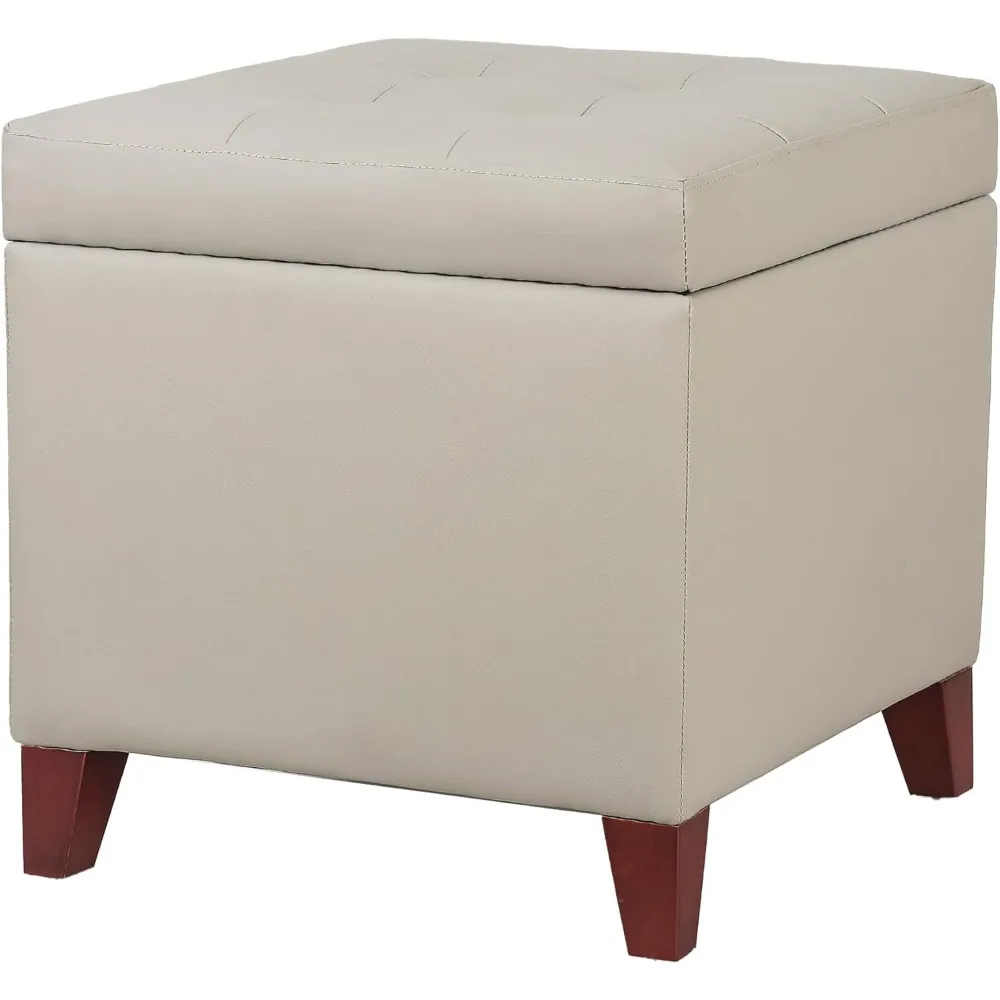 

Leather Storage Ottoman with Hinged Lid, Square Foot Rest Stool Tufted Cube Footstool, Beige