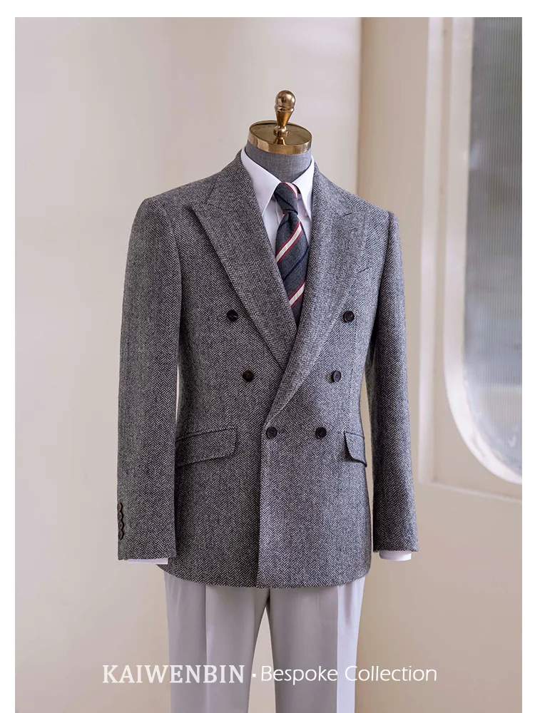 

Men's Blazer Thick Pure Wool Heavyweight Jacket Herringbone British Style Peak Lapel Double Breasted Winter Warm Custom