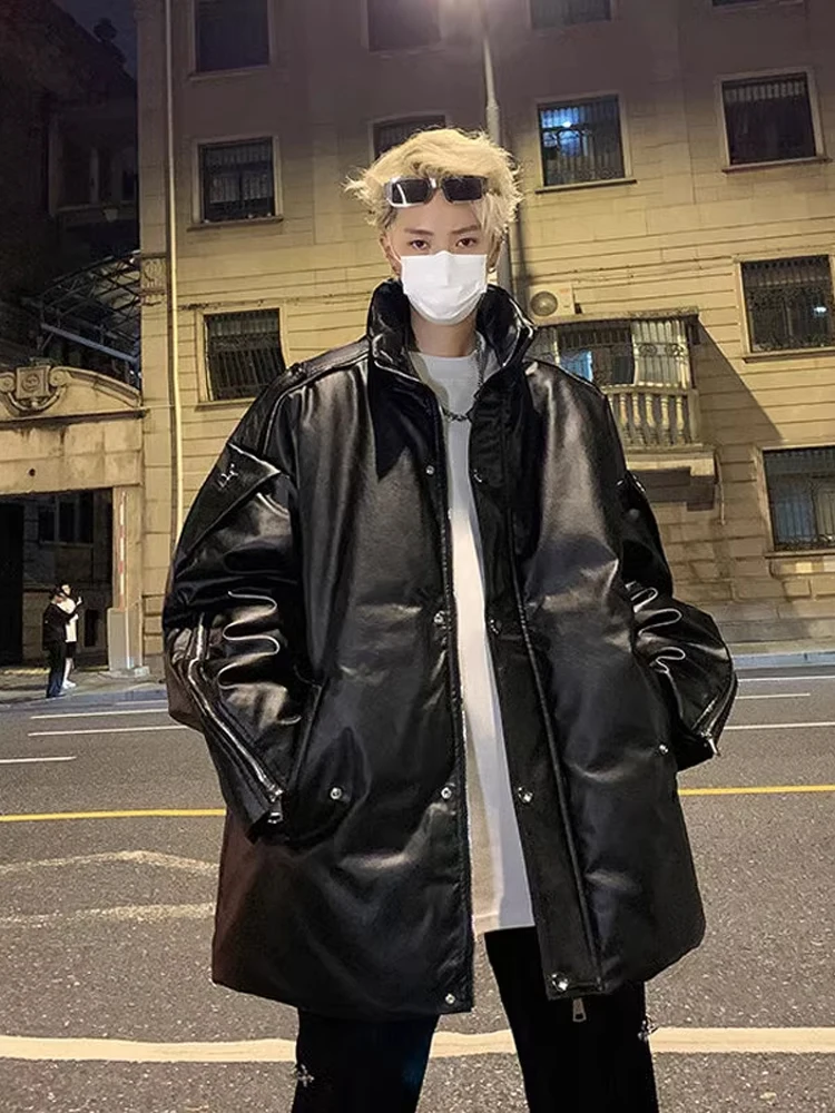 Jaket Pria Musim Dingin Kulit PU Putih Berlapis Kapas Gaya Amerika High Street Oversize Kerja Kerah Tegak Mantel Katun