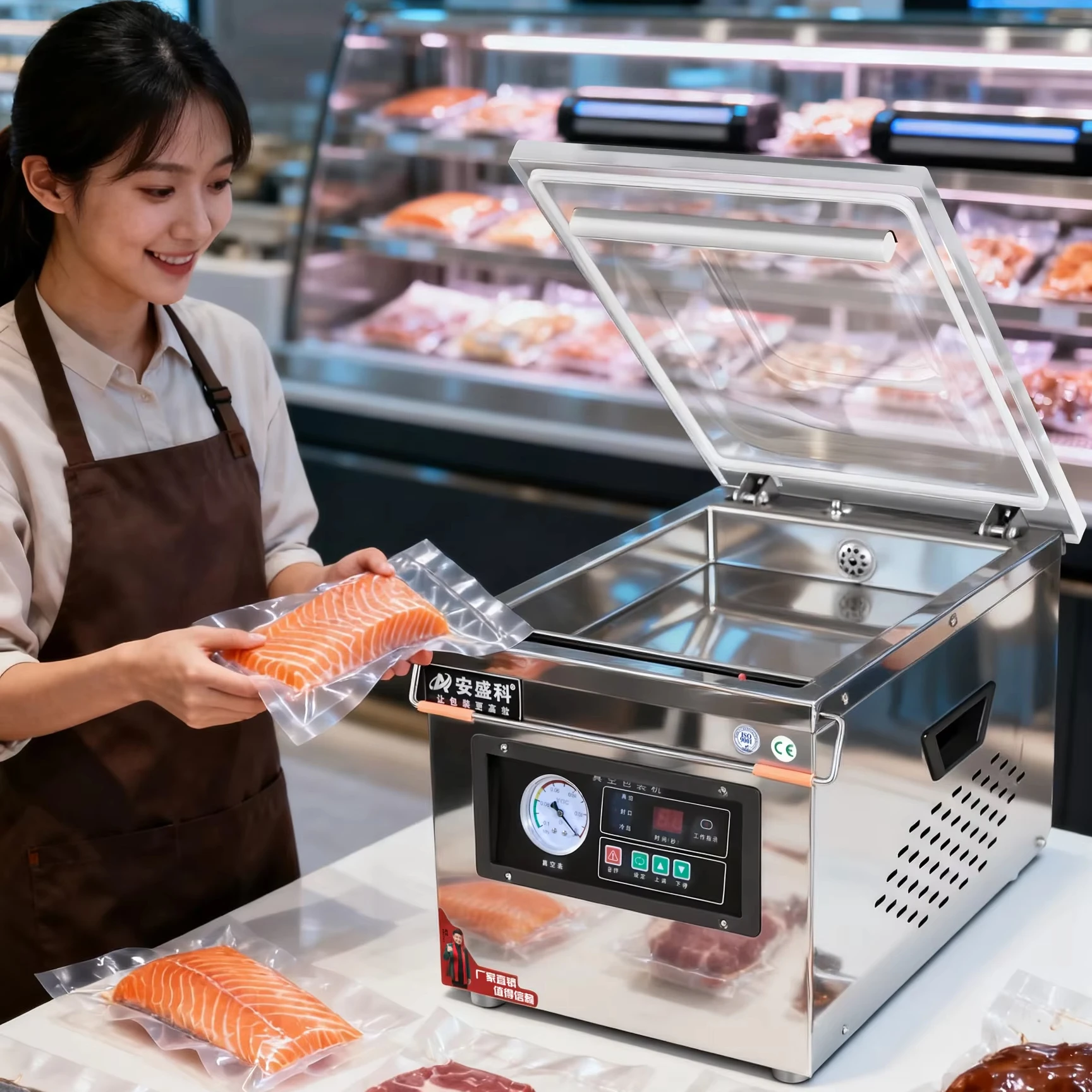 

Electric Stainless Steel Automatic Small Desktop Vacuum Sealing Machine for Beef Fish Seafood Vegetable Chemical