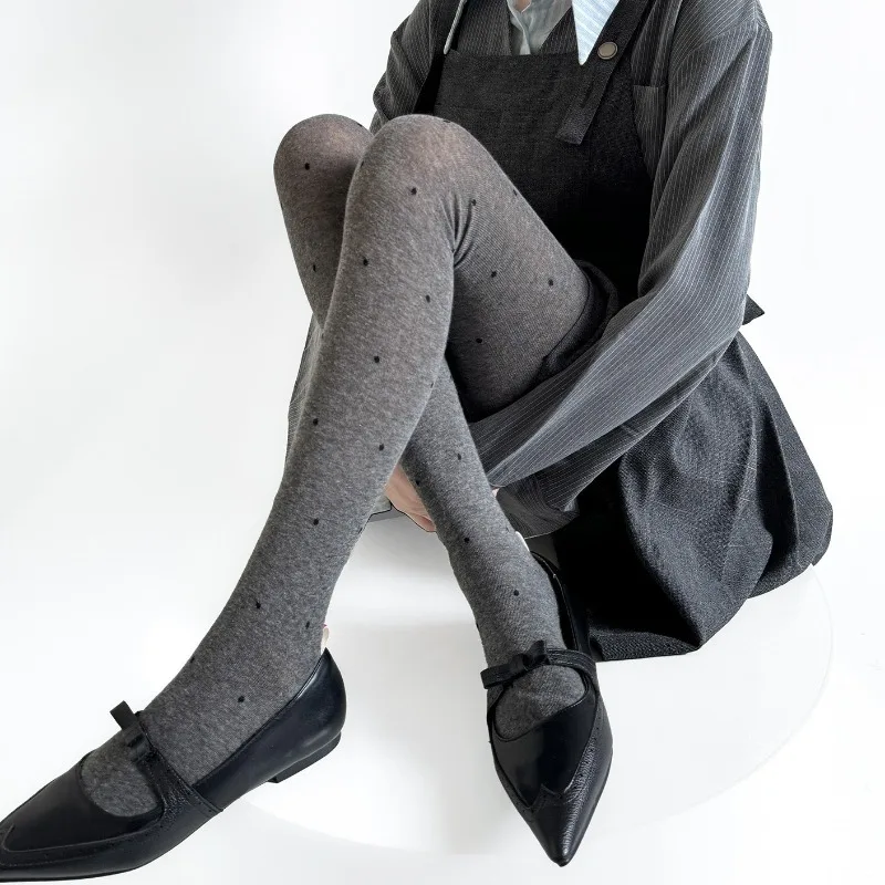 الخريف الشتاء نقطة الجاكار الجوارب للفتيات رمادي القطن مزيج Legwear خمر برميل نقطة نمط الخصر التخسيس اصطف جوارب طويلة