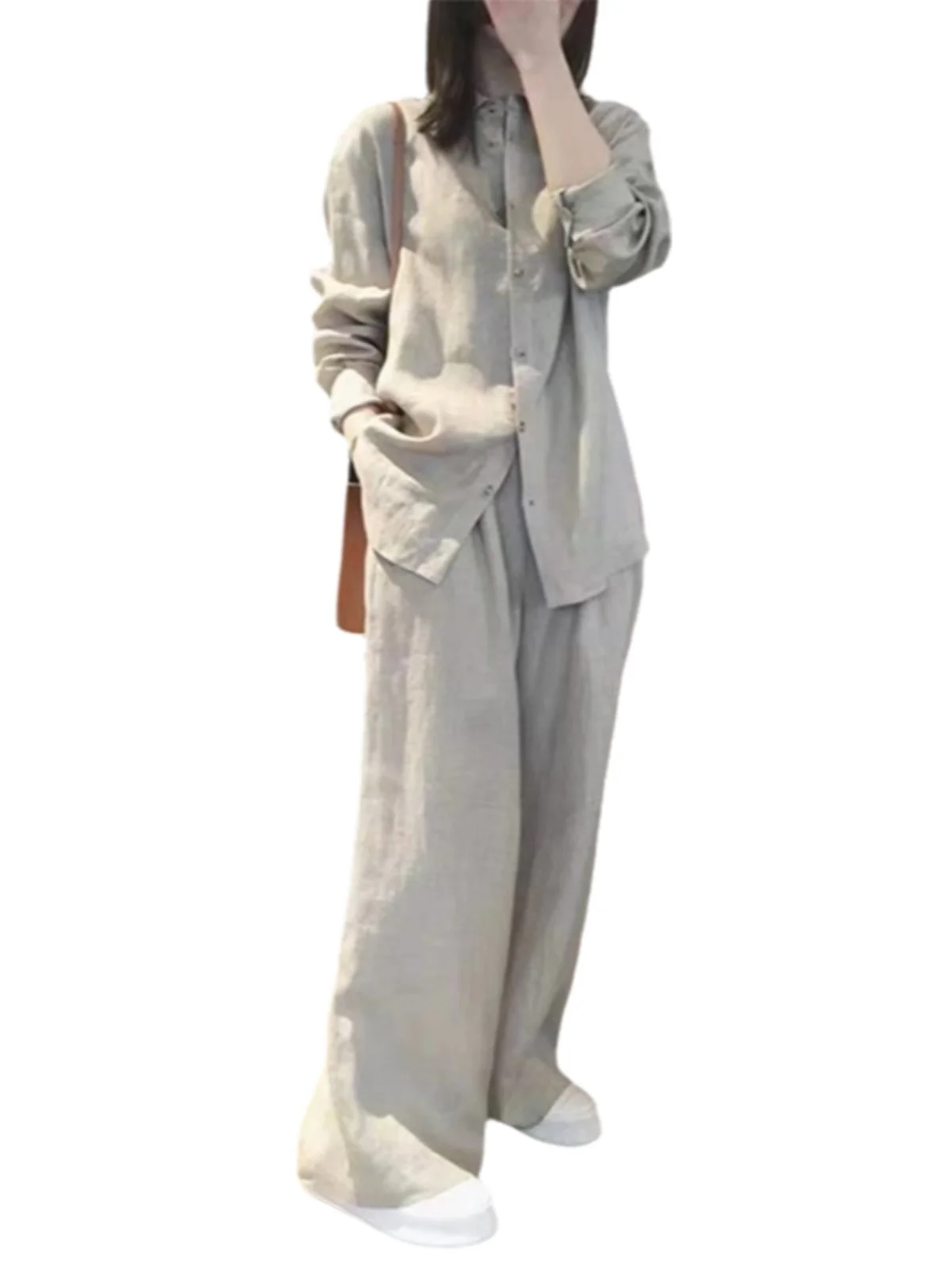 أوائل الخريف القطن الكتان مجموعة المرأة طويلة Sve حماية الشمس irt أعلى بنطال ذو قصة أرجل واسعة قطعتين مجموعة الربيع Faion