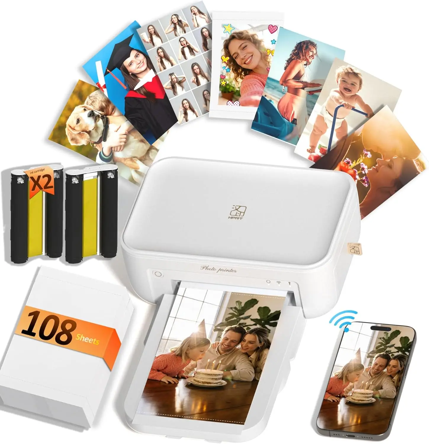 4x6 Photo Printer with Wi-Fi, Full-Color Thermal Dye Sublimation, Portable for iPhone/Android, AR Video App, Home Use in White