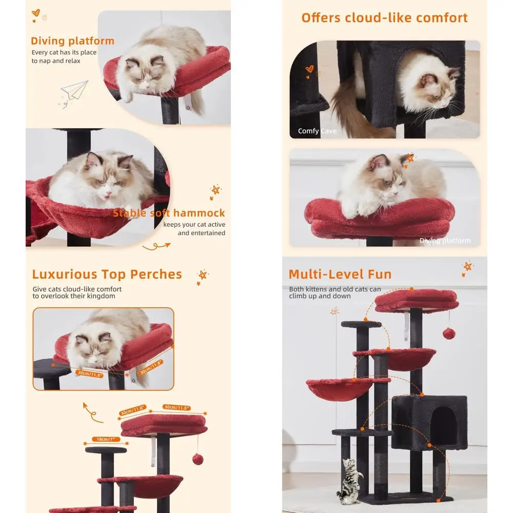 

39.4 Indoor Cat Tree with 5 Scratch Posts, Plush Perch, 2 Hammocks, Pompons - Black & Red MS019BR