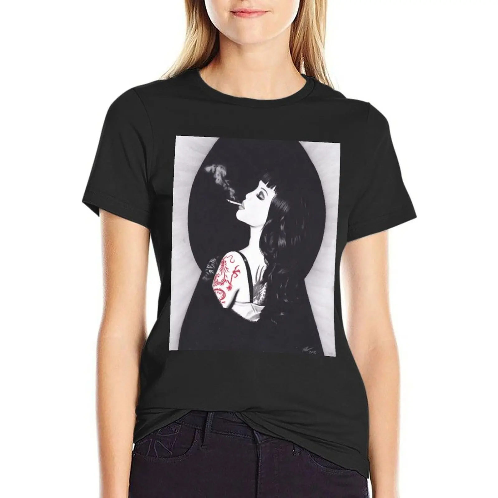 

Realism Charcoal Drawing of Masuimi Max with Red Dragon Tattoo T-Shirt hippie clothes animal print graphics vintage Top Women