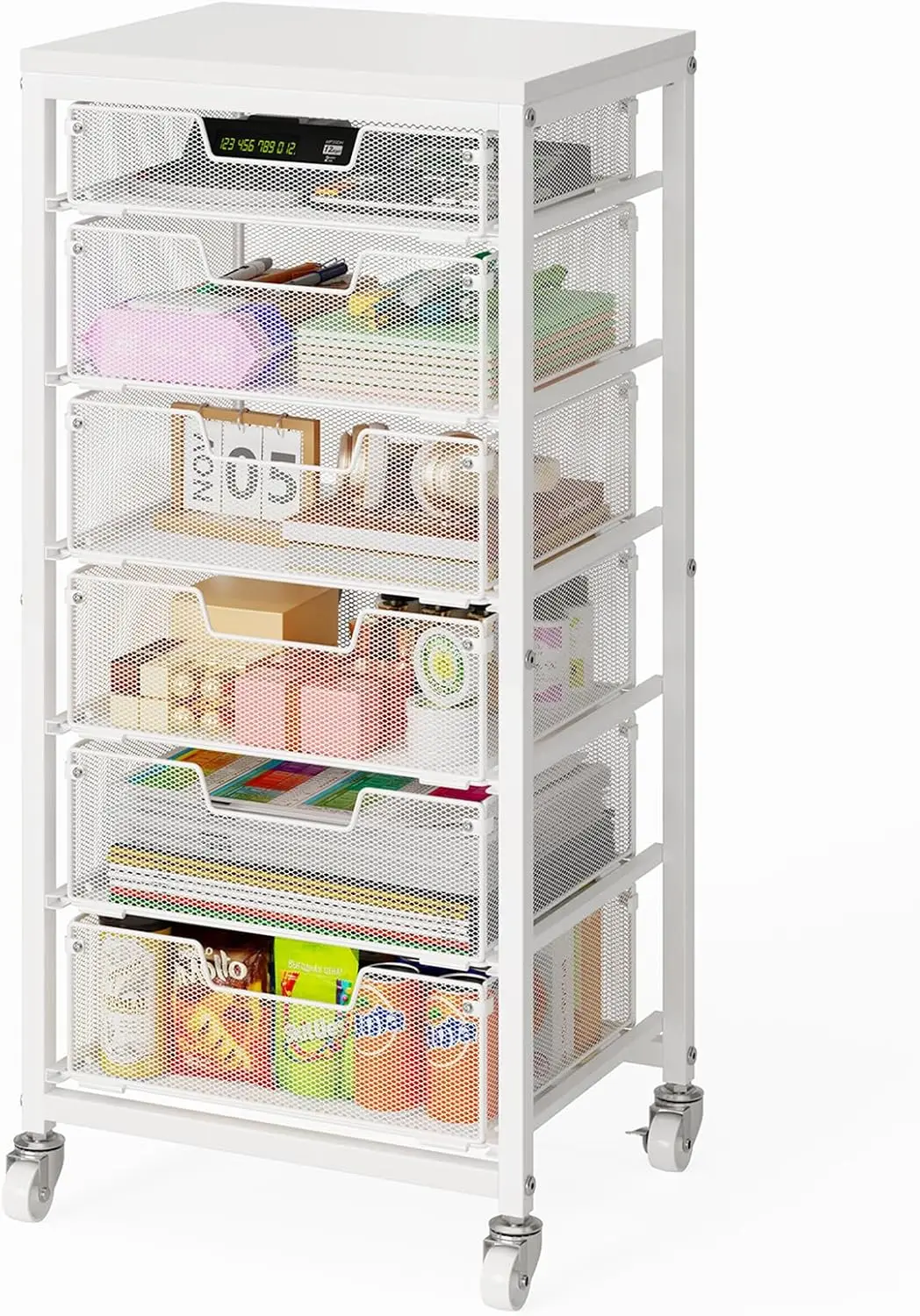 

6 Drawer Rolling Utility Cart with Wooden Tabletop, Storage Cart on Lockable Wheels, Craft Cart for Bedroom, Office, Classroom