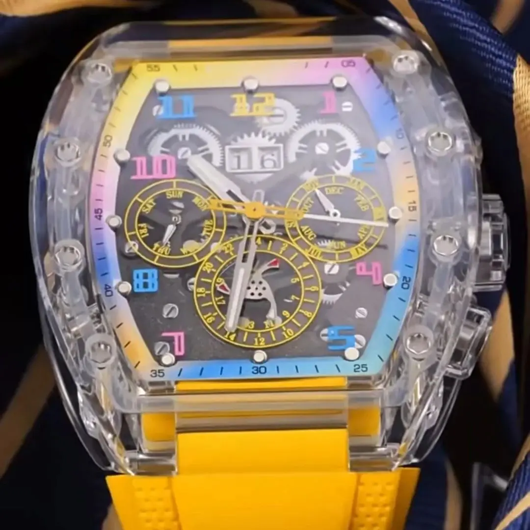 

BONEST GATTI Мужские автоматические часы 45 мм Tonneau Механические наручные часы Светящийся акриловый корпус Скелет Циферблат Месяц Wee Date