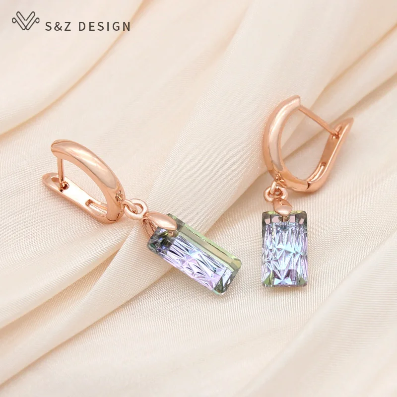 S & Z DESIGN New Elegant 585 orecchini pendenti in cristallo quadrato Color oro rosa per le donne Girl Wedding Party Fashion Fine Jewelry