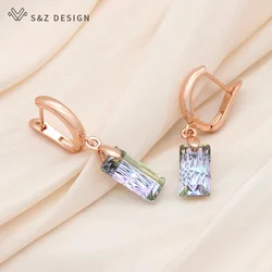 S&Z DESIGN New Elegant 585 Rose Gold Color Square Crystal Dangle Earrings For Women Girl Wedding Party Fashion Fine Jewelry