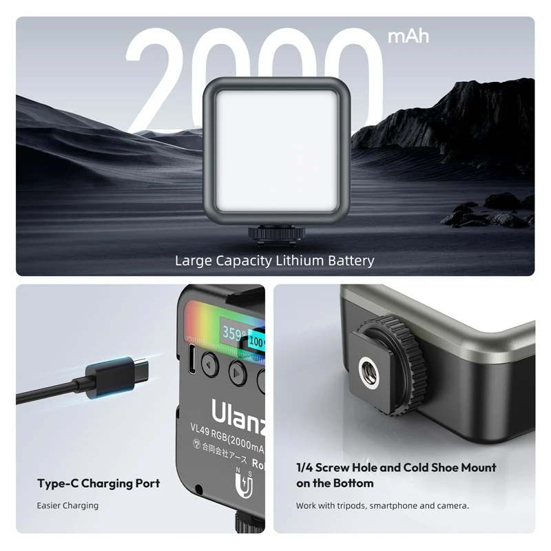 Ulanzi VL49 RGB Video Light Fill Light لكاميرا الهاتف الذكي والتصوير الفوتوغرافي وتسجيل الفيديو من BR