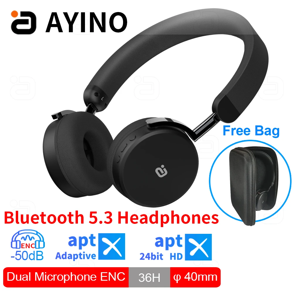 

AYINO EP680 ENC Wireless Bluetooth Headphones with Microphone Stereo aptx adaptive Bluetooth 5.3 on-ear Headset for Phone PC