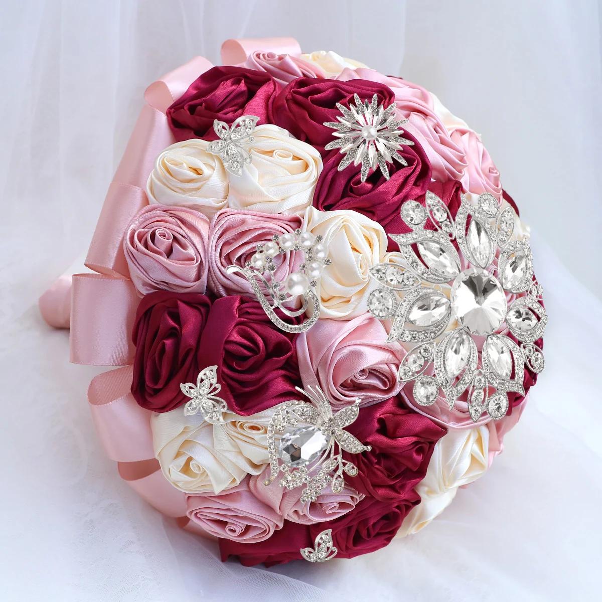 Simulação de champanhe vermelho escuro cetim rosa noiva damas de honra carregando flores luxo strass buquê de noiva casamento w828s