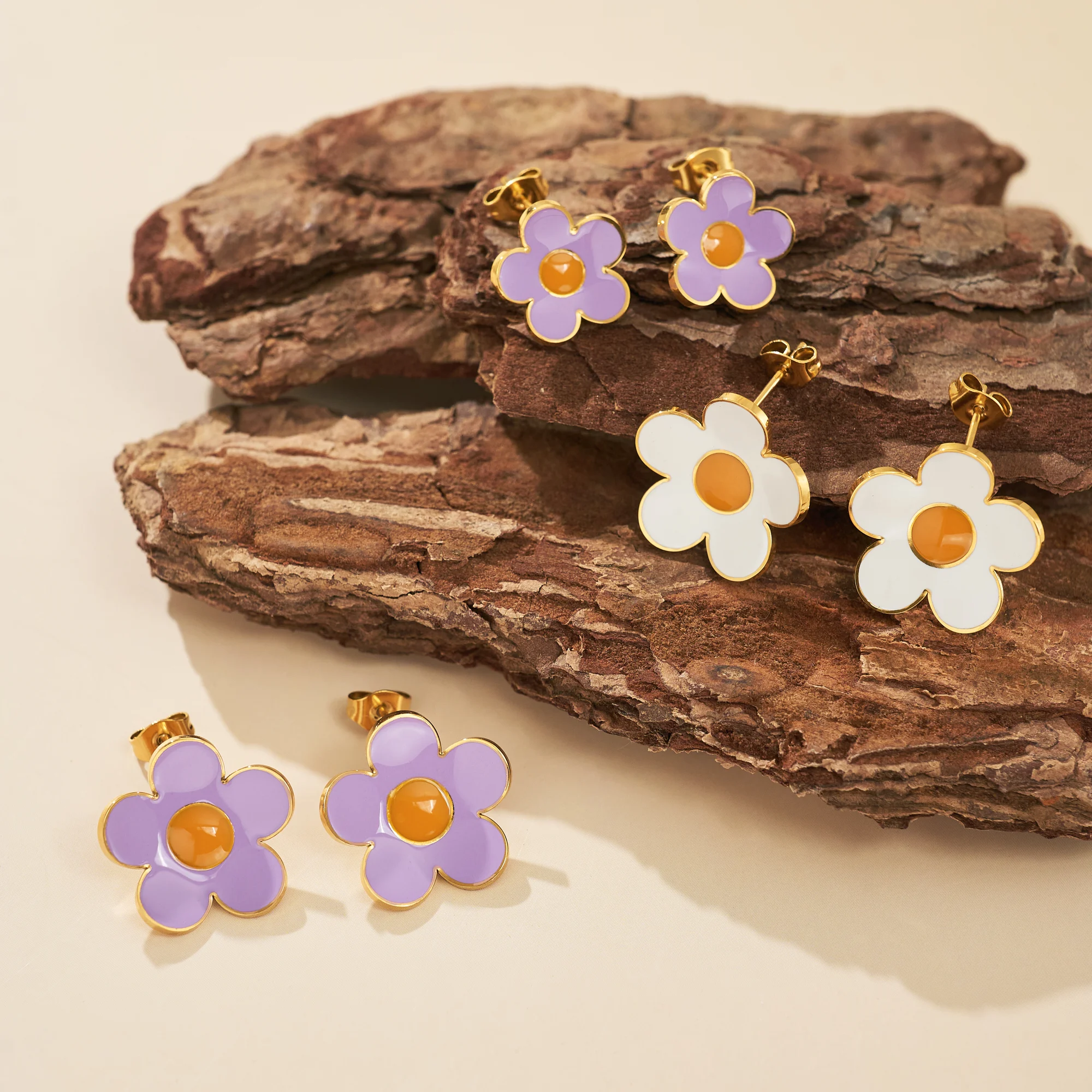 DASEIN Lavender Drop Glue Flower Stud Earrings 18k Gold Plated Unique Hypoallergenic Stainless Steel Indian Designer Jewelry