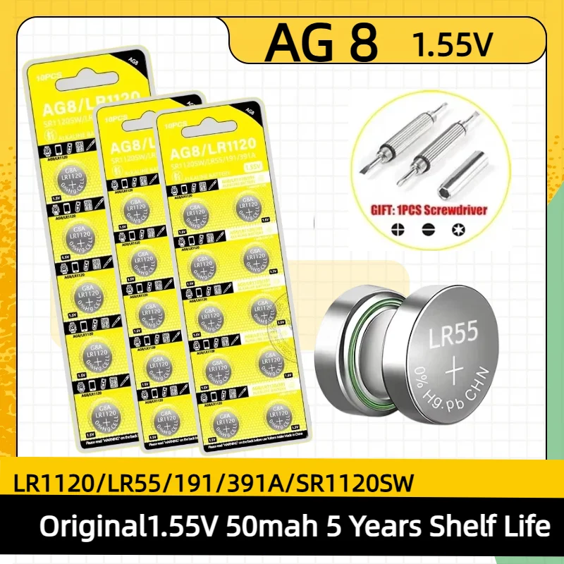 

1.55V AG8 LR1120 Alkaline Button Battery 50mAh Coin Cell 391 SR1120SW LR55 191 Leak-Proof Battery for Watch Calculator LED Light