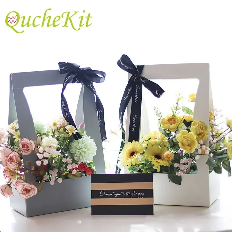 5pcs Portable Flower Box Valentine's Day Bouquet Gift Box Florist Folding Floral Bouquet Basket Waterproof Flower Carrier Bag