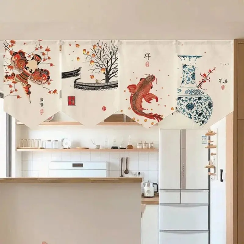 VIKAMA Chinese Noren Half Curtain Linen Privacy Doorway Partition for Teahouse Kitchen