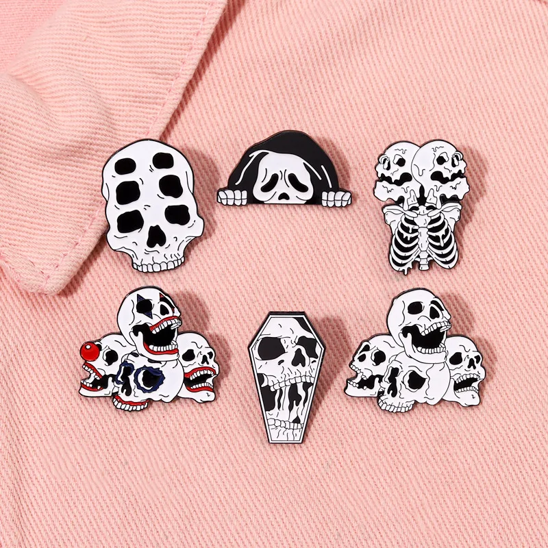 Death Skull Enamel Pins Custom Black Skeleton Brooches Lapel Badges Gothic Punk Hip-hop Jewelry Gift for Friends