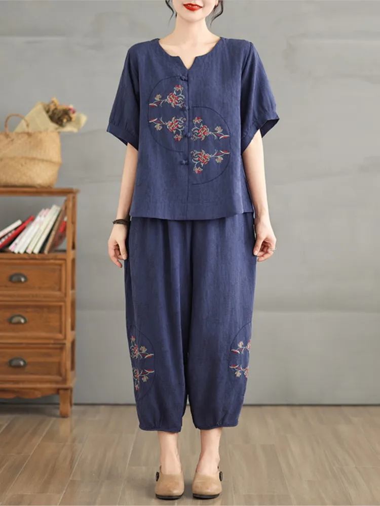 Oversized Chinese Style Summer Floral Print Embroidery 2 Two Piece Set Women Short Sleeve Modis Ladies Blouses Loose Woman Pants