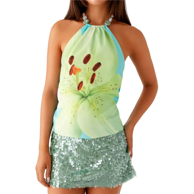 

Women's Y2k Halter Tank Floral Print Open Back Top Sleeveless Tie Cropped Top Summer Street Style