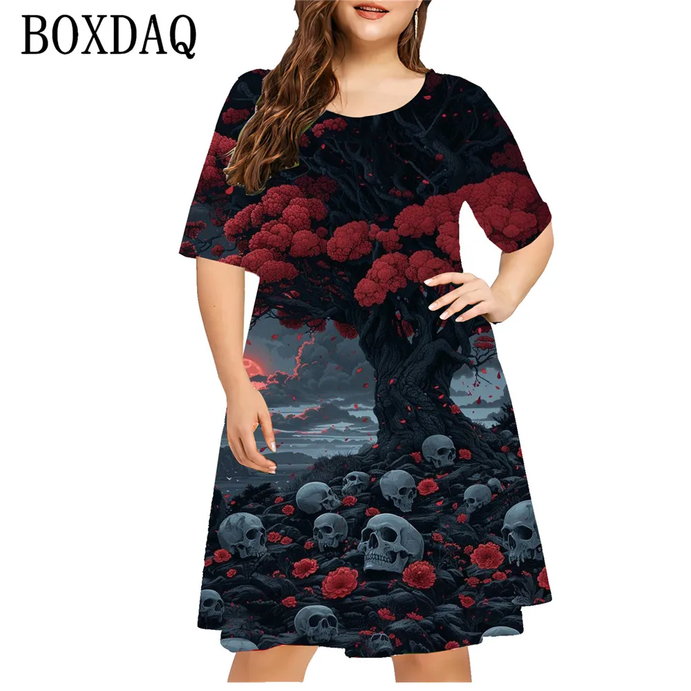 2024 New Fashion Dresses Women Horror Skull 3D Printed Dress Casual Red Flower Short Sleeve Loose Dress Plus Size Women Clothing