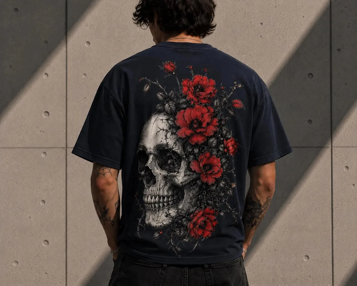 Gothic Skull Rose Tee – Blood Flower & Cracked Bone Design – Edgy Alternative Fashion – Tattoo Lover Streetwear