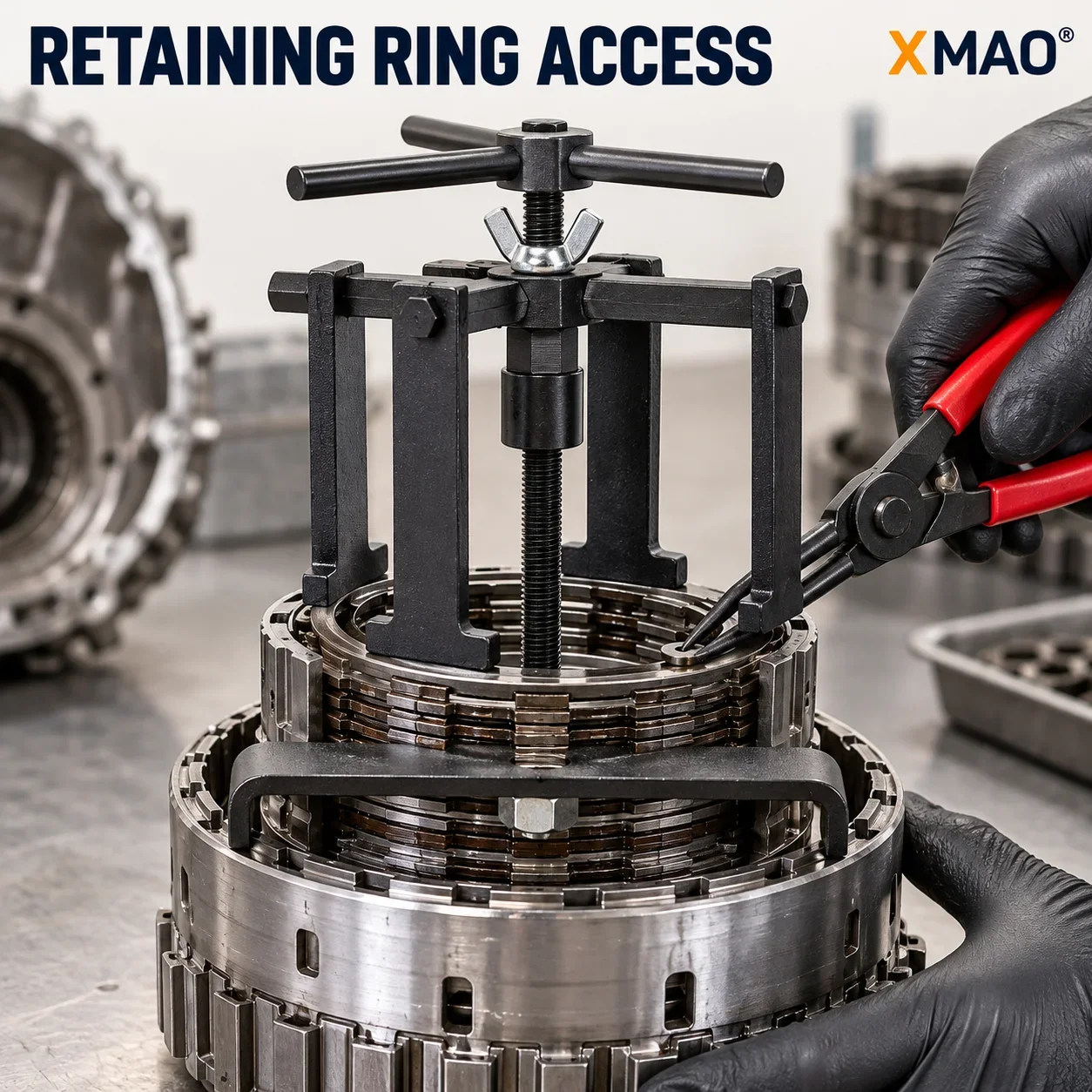 Automatic Transmission Clutch Spring Compressor Kit, Threaded Rod and Support Bridge Tool for Rear Piston Retaining Ring Service