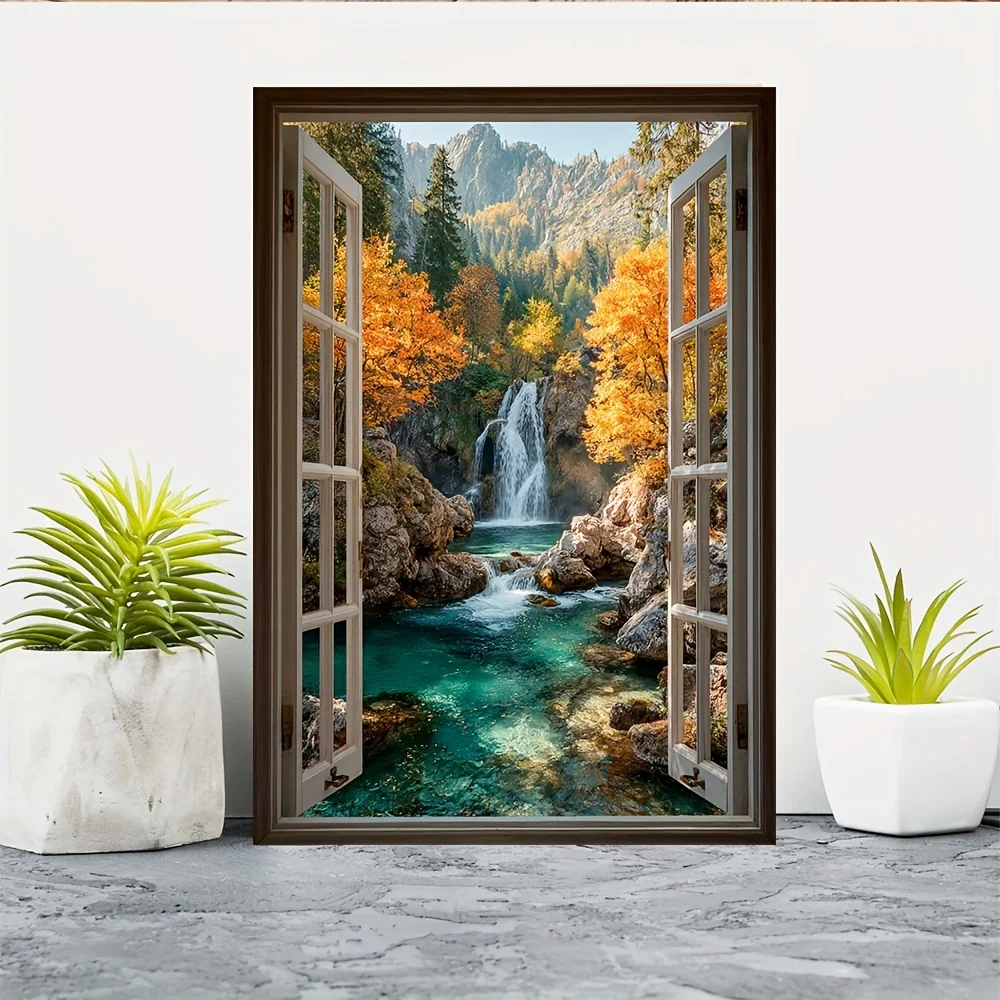 Vintage Metal Tin Sign, Open Wooden Window Autumn Forest Mountain Waterfall Lake Scenery Home Wall Decor Plaque