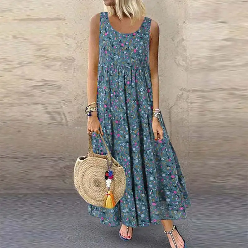 Maxi vestito bohémien da donna estate Casual O collo senza maniche Tank abiti lunghi Vintage stampa floreale allentato prendisole da spiaggia