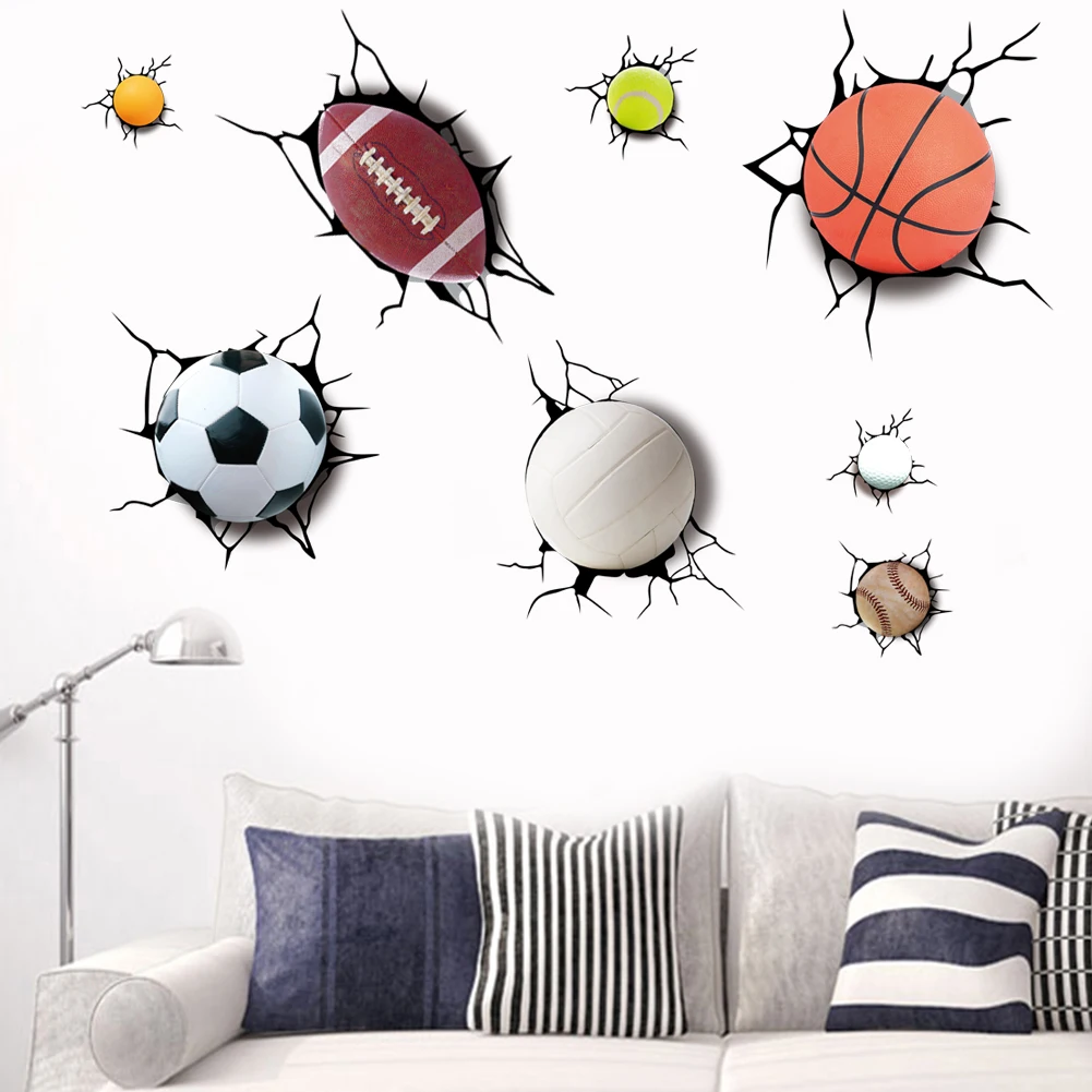 3D Broken Wall Football Basketball Baseball Cartoon Wall Stickers Bedroom Children's Room Background Decorative Wall Stickers
