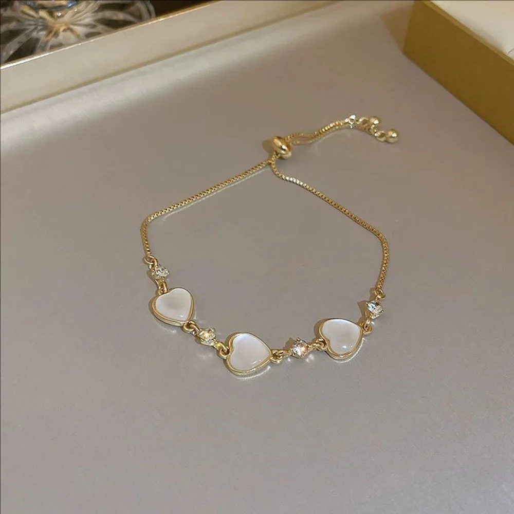 

Real Golden Electroplated Cat's Eye Stone Pearl Flower Heart Bracelet Sweet Adjustable Jewelry For Women