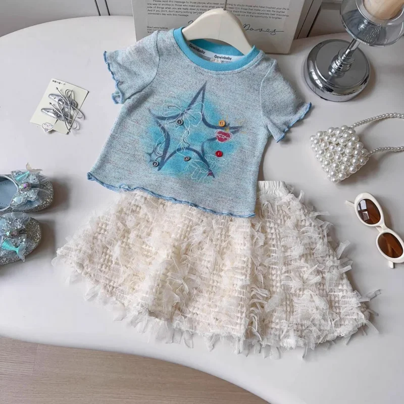 

Girls' Summer Outfit2026Summer new stylish gradient short-sleeve top and mesh skirt two-piece set