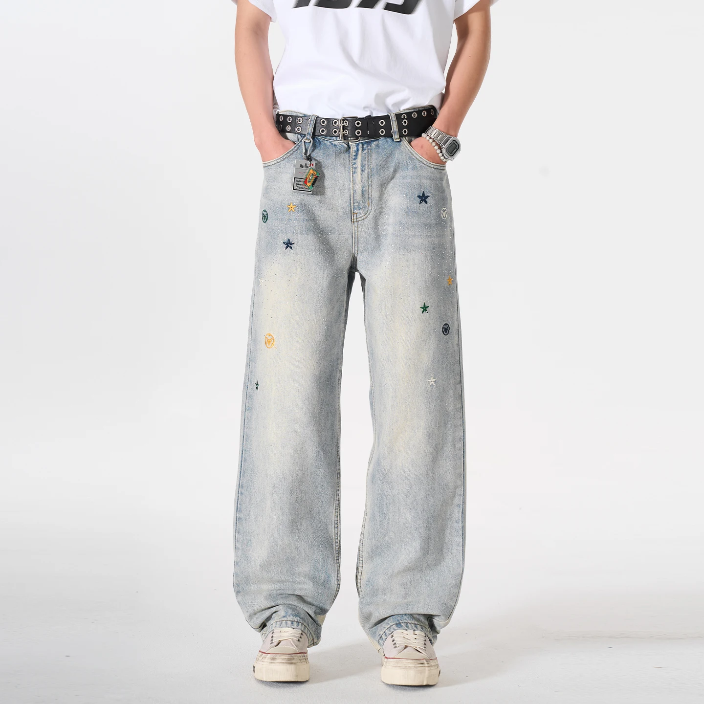 

Men Embroidery Hot Stamping Streetwear Fashion Hip Hop Loose Casual Denim Wide Leg Baggy Jeans Pant Cityboy Jeans Pants Trousers