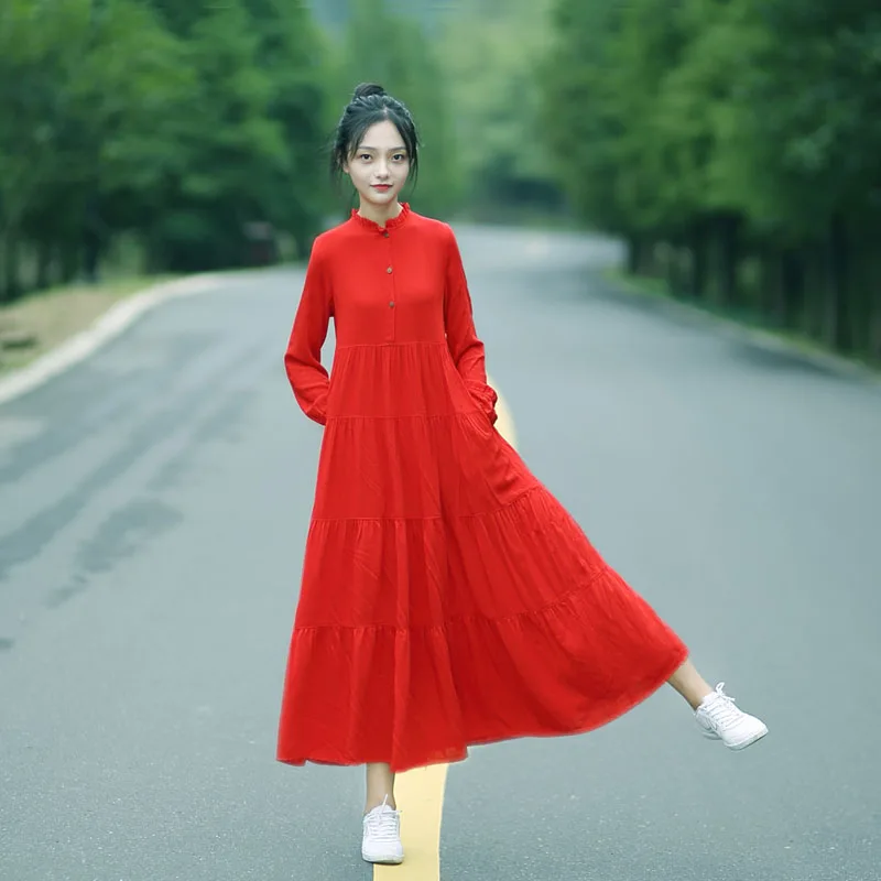

Retro Artistic Red Long Sleeve Cotton Dress Loose Midi Base Coat Ankle-Length Spring New Cake Skirt Style Button Detail