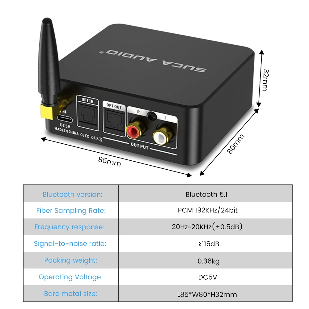 SUCA الصوت QCC5125 بلوتوث 5.1 استقبال ستيريو اختيار RCA التناظرية محول 24Bit 192KHz LDAC المنزل سطح المكتب سيارة محول الصوت