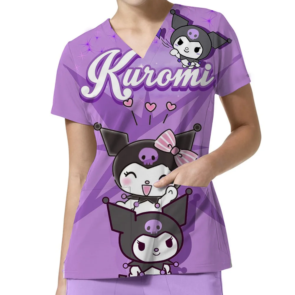 

Женская униформа медсестры Hello Kitty Sanrio, женский модный карманный летний больничный топ с v-образным вырезом, каваи, уличная одежда с короткими рукавами и вырезом в виде животных
