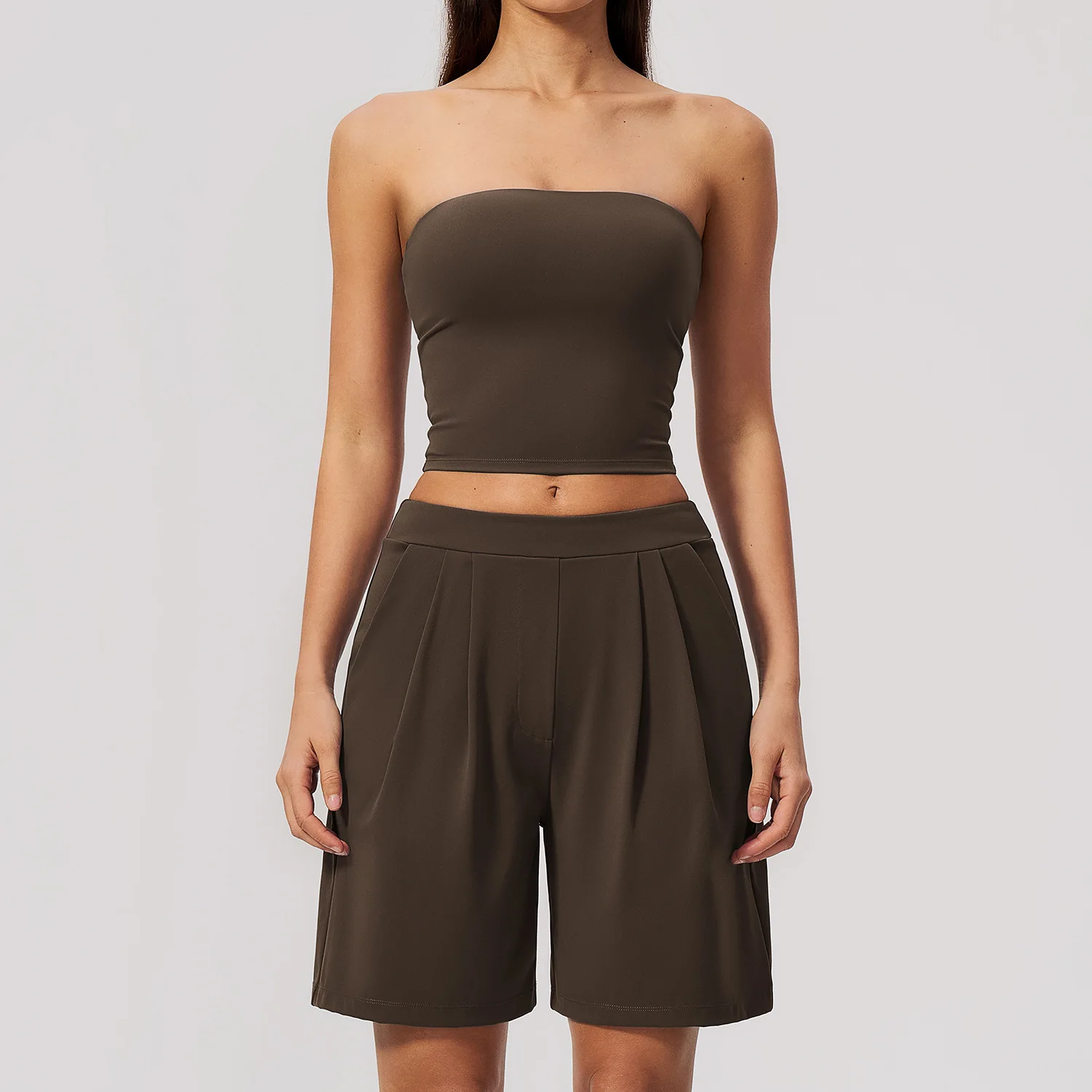 2PCS Women's Yoga Set Gym Clothing Fitness Suit Workout Tracksuit Sportswear Outfit Strapless Crop Top High Waist Pleated Shorts
