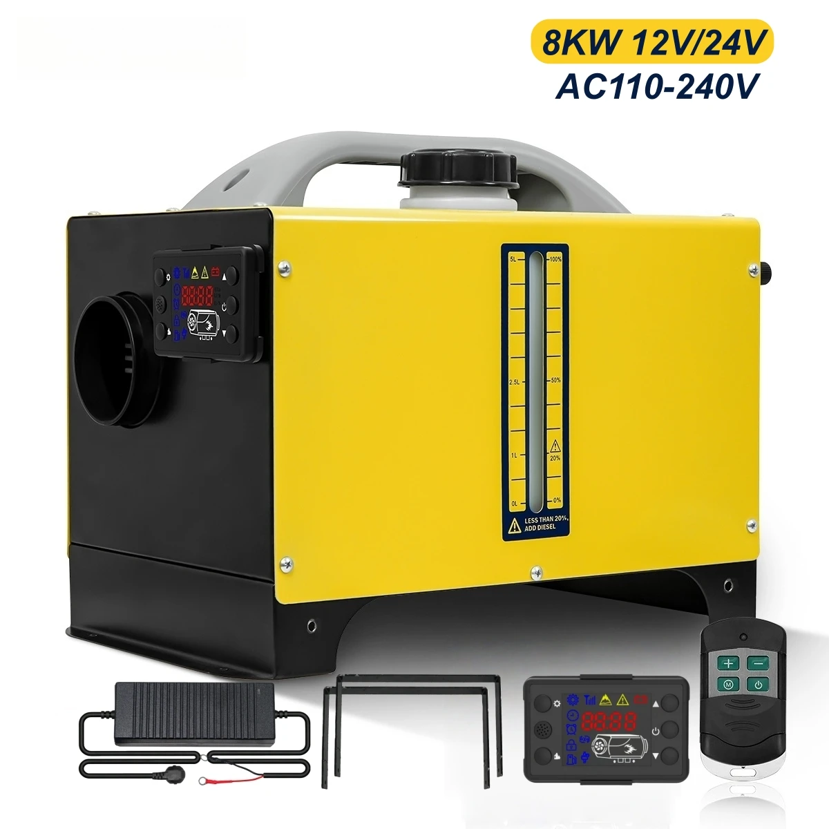 8KW Diesel-Luftheizung 12V 24V 220V, LCD-Panel & Fernbedienung All-in-One Standheizung mit Netzteil für Auto, Wohnmobil, Garage