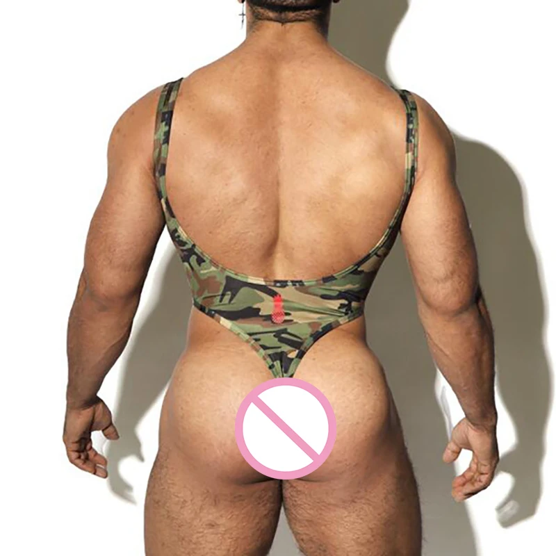 3XL Sexy Men Camouflage Printed Undershirts Leotard Lingerie T-back High Cut Bodysuits Gay Underwear Wrestling Singlet Jumpsuits