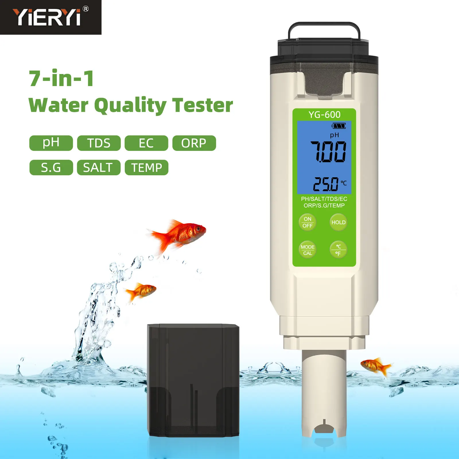 Yieryi 7-in-1 Digital PH Salinity Temp ORP TDS EC Water Quality Tester 0.01 Resolution for Aquarium Saltwater Pool Hydroponics