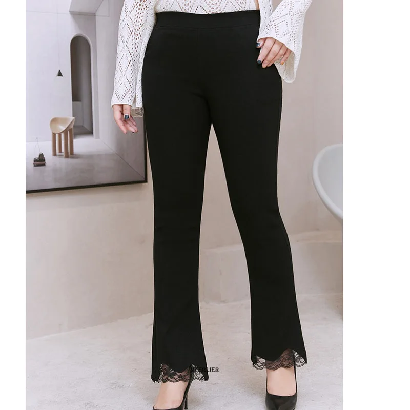 

Plus Size 10XL 150kg Autumn pencil Pants Black High Flexibility Waist Women Boot Cut Lace Pants Big Size Women Clothing