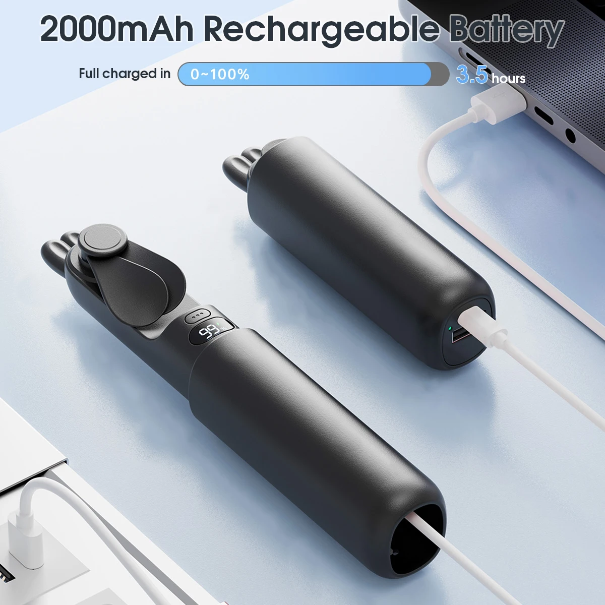 Tragbarer Mini-Ventilator, niedlicher Handventilator, LED-Anzeige, USB, 2000 mAh, wiederaufladbarer kleiner Handventilator mit Powerbank-Funktion – Detail 3