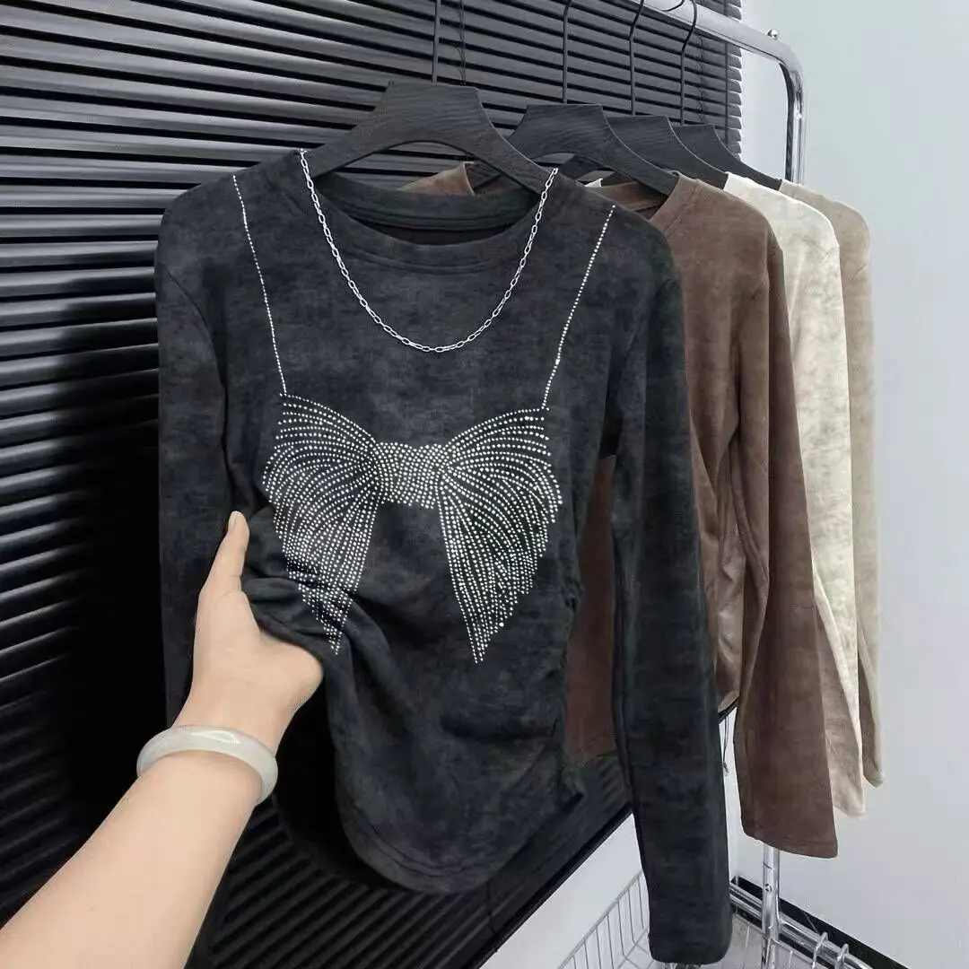 Tie-Dye American Diamond Long Sleeve T-Shirt Women Spring Autumn Design New Style Slim Fit Round Neck Top