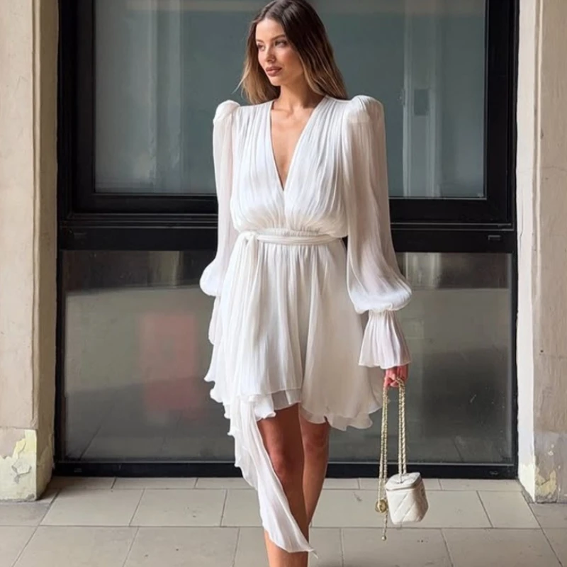 

Tsiisd Fashion Ruffle Women's Mini Dress Lace-Up V Neck Puff Sleeves Luxury Elegant Party Evening Gala Dress Female Dress 2026